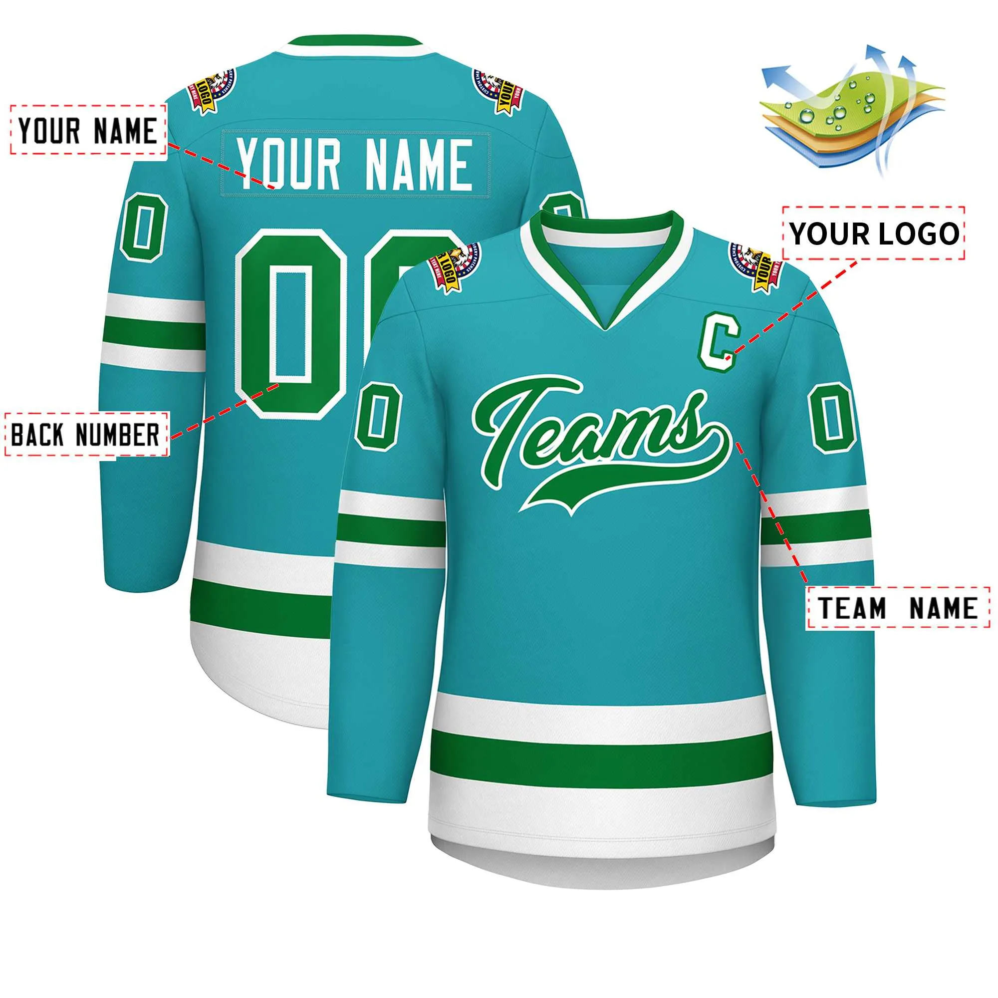 Custom Aqua Kelly Green-White Classic Style Hockey Jersey