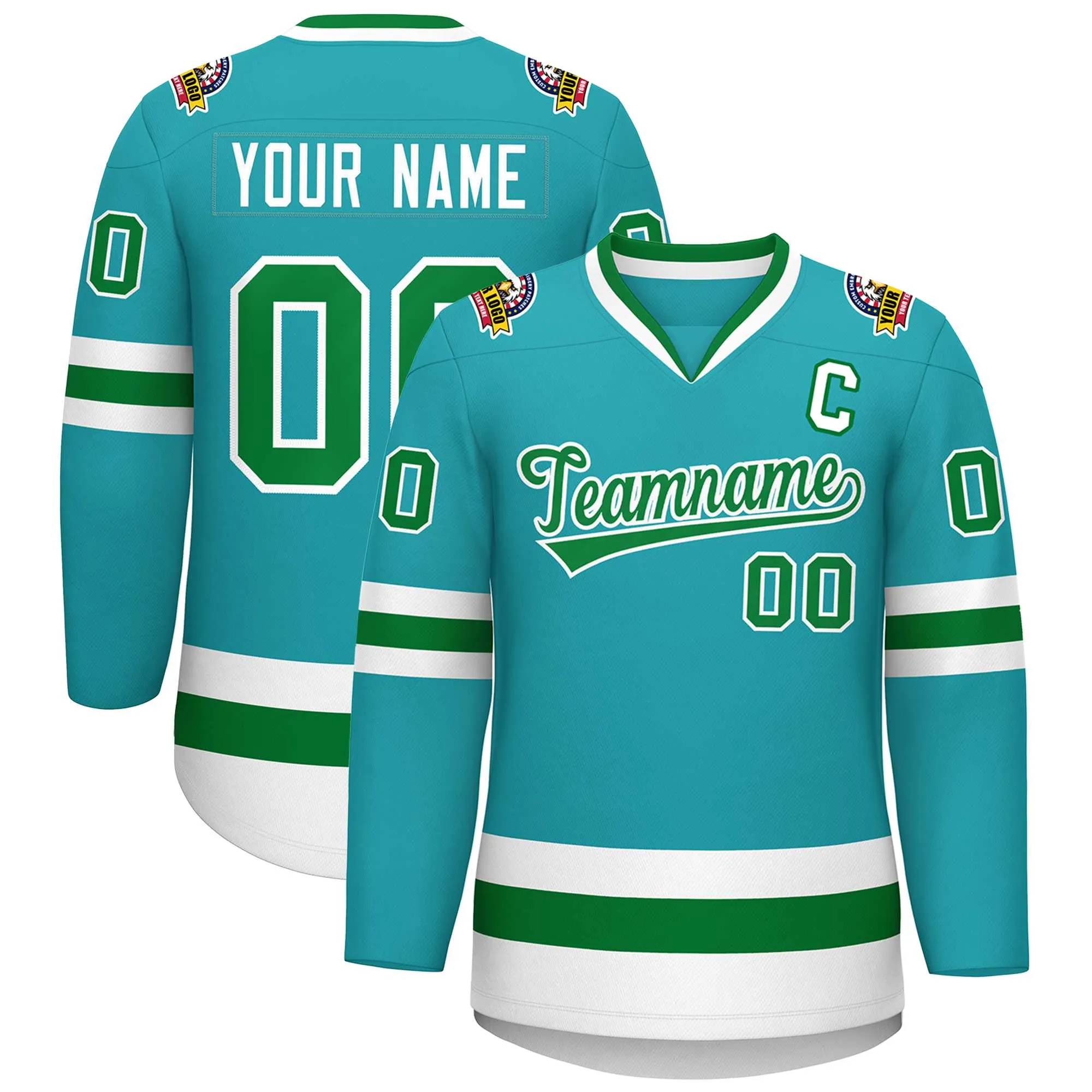 Custom Aqua Kelly Green-White Classic Style Hockey Jersey