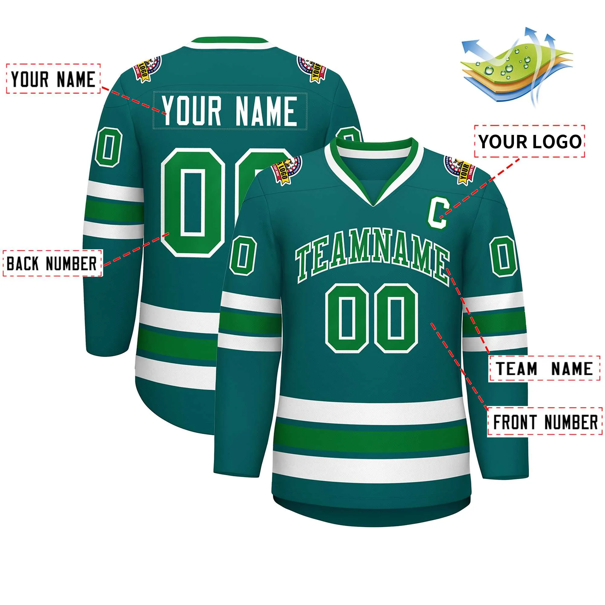 Custom Aqua Kelly Green-White Classic Style Hockey Jersey