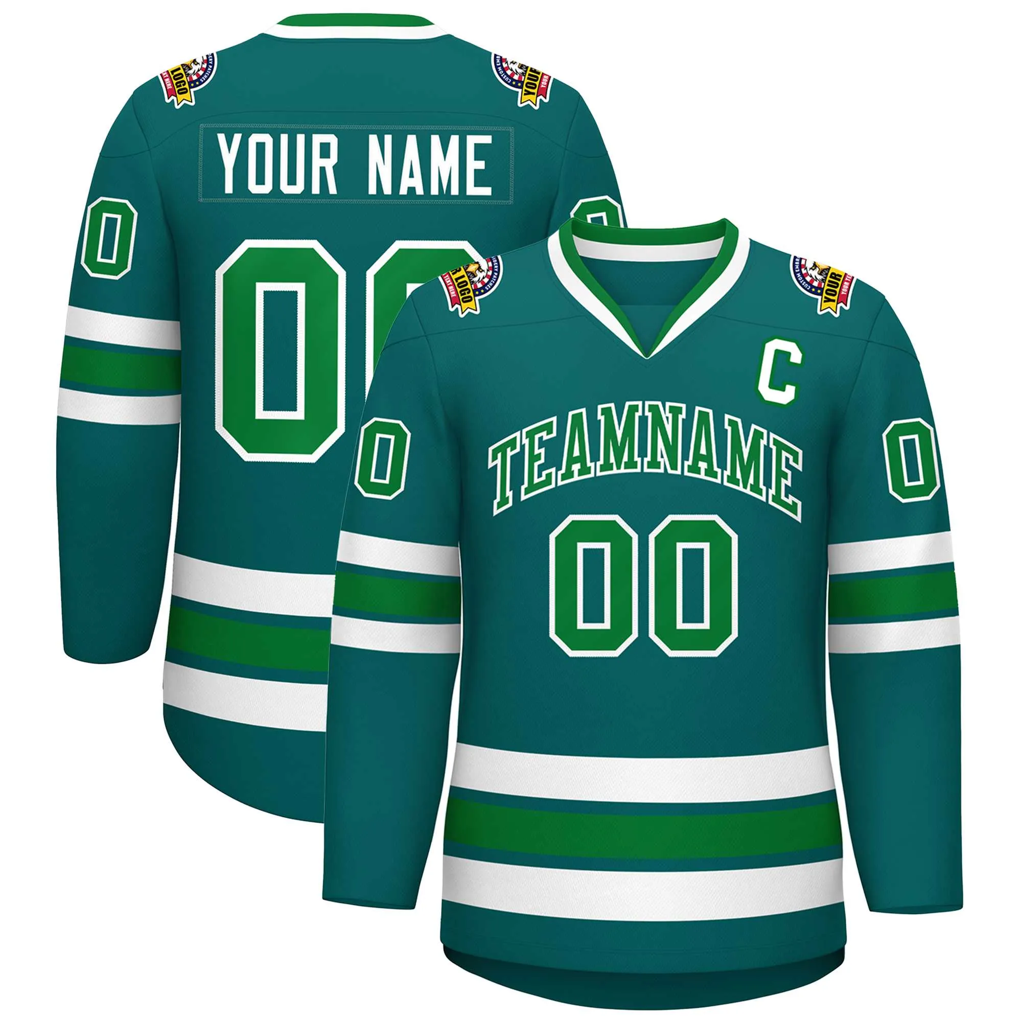 Custom Aqua Kelly Green-White Classic Style Hockey Jersey