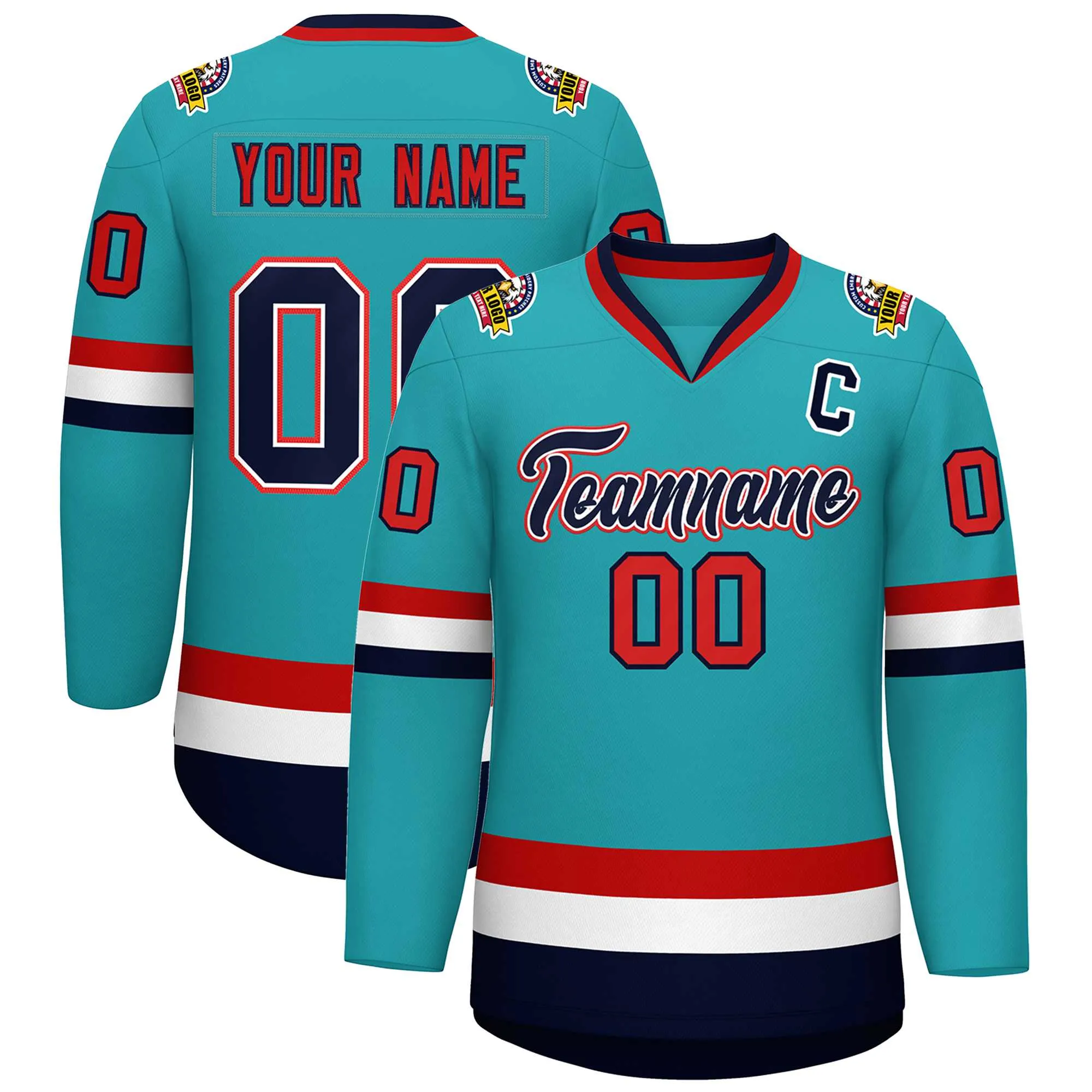 Custom Aqua Navy White-Red Classic Style Hockey Jersey