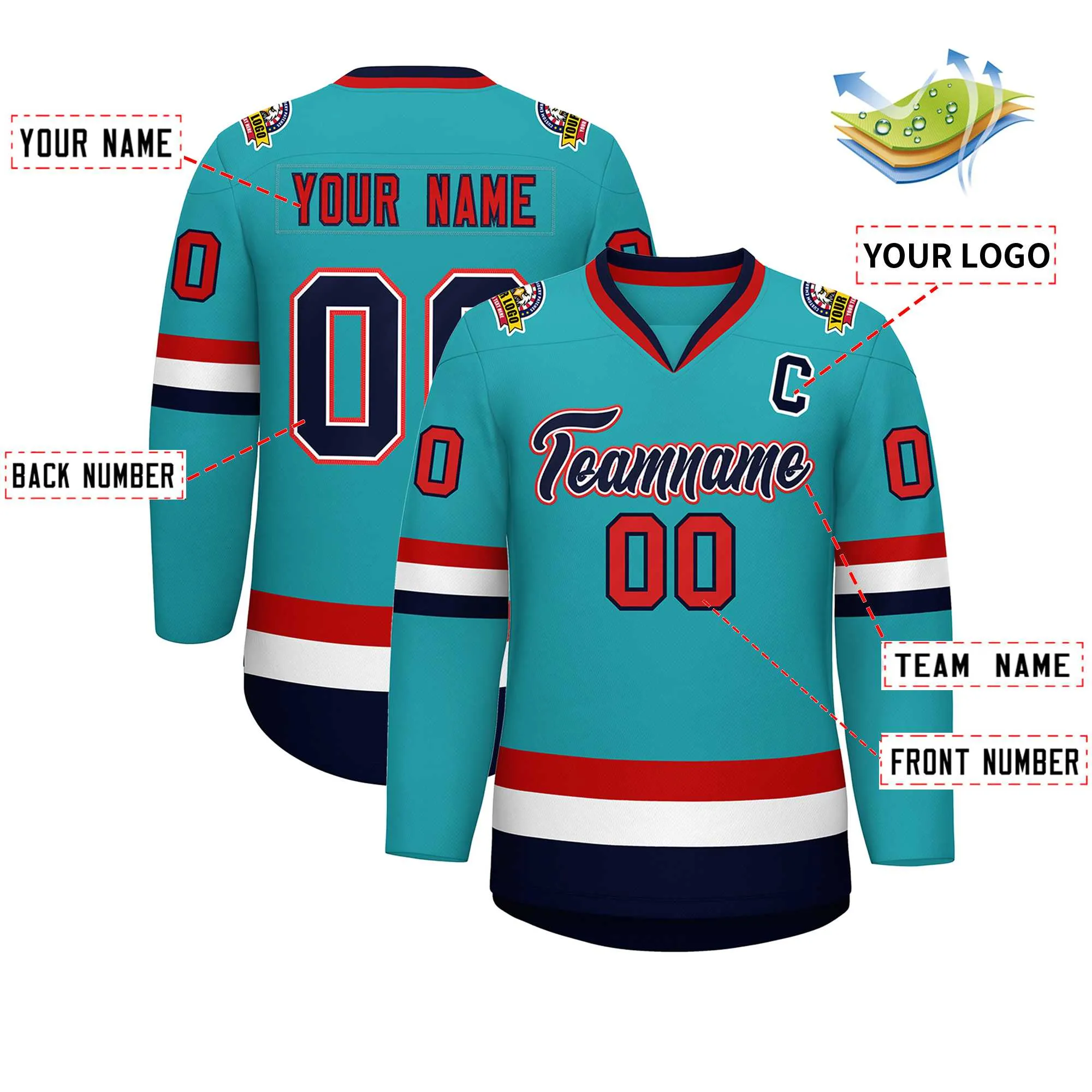 Custom Aqua Navy White-Red Classic Style Hockey Jersey