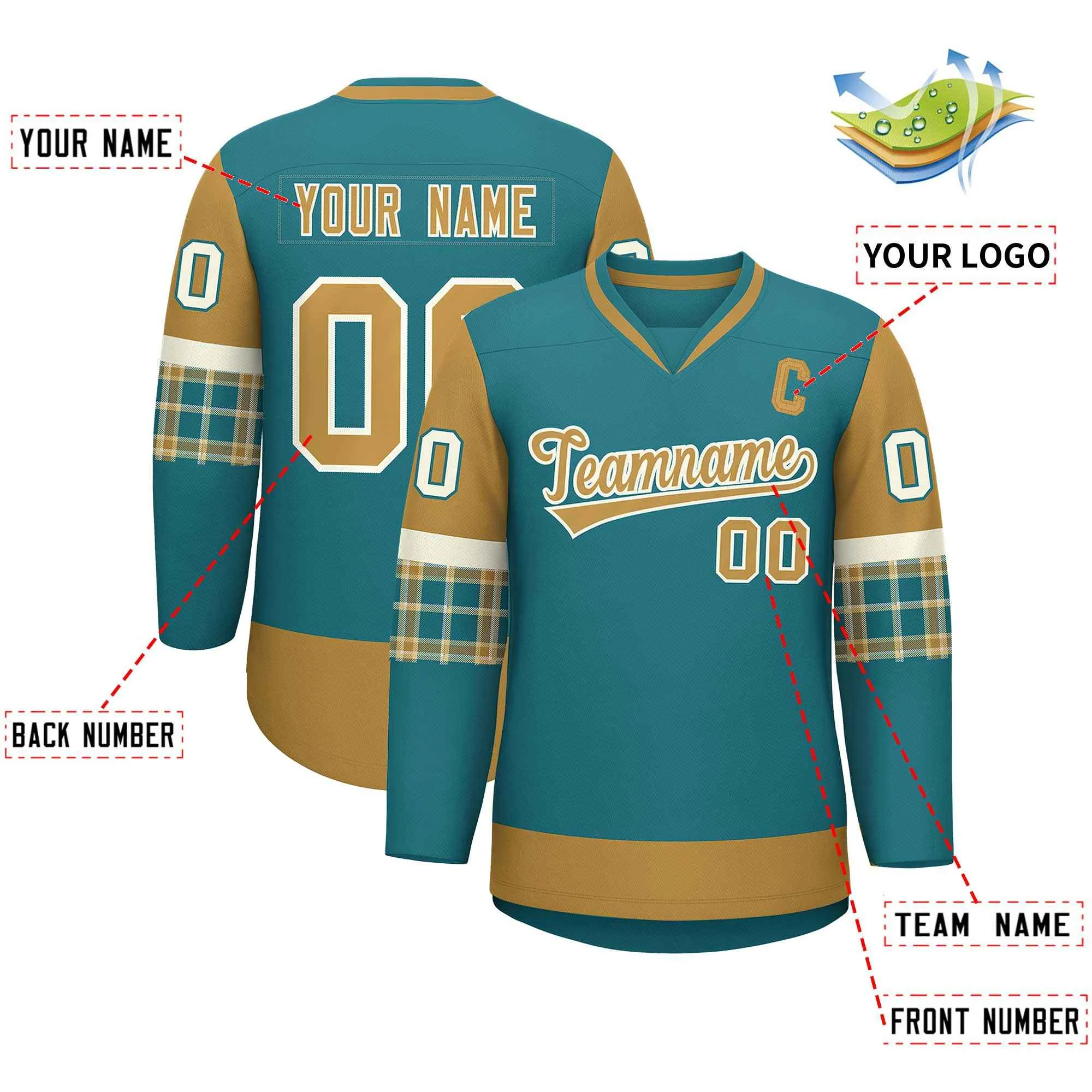 Custom Aqua Old Gold-Cream Personalized Raglan Sleeves V-Neck Hockey Jersey