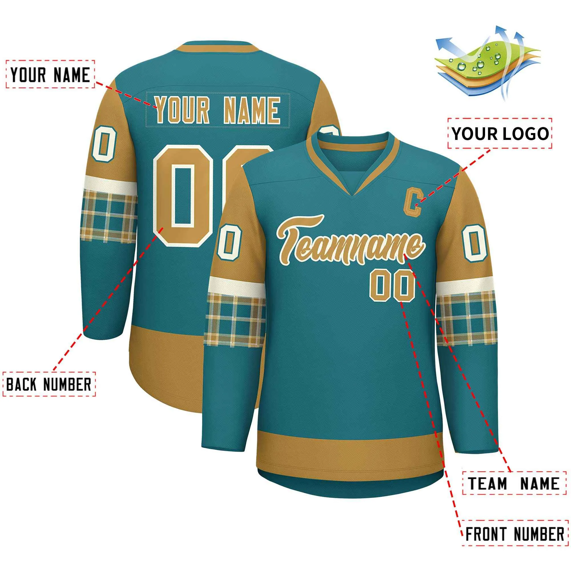 Custom Aqua Old Gold-Cream Personalized Raglan Sleeves V-Neck Hockey Jersey