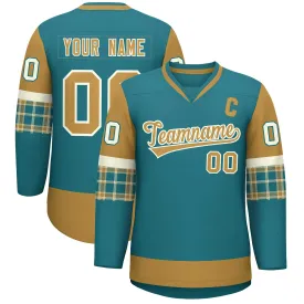 Custom Aqua Old Gold-Cream Personalized Raglan Sleeves V-Neck Hockey Jersey