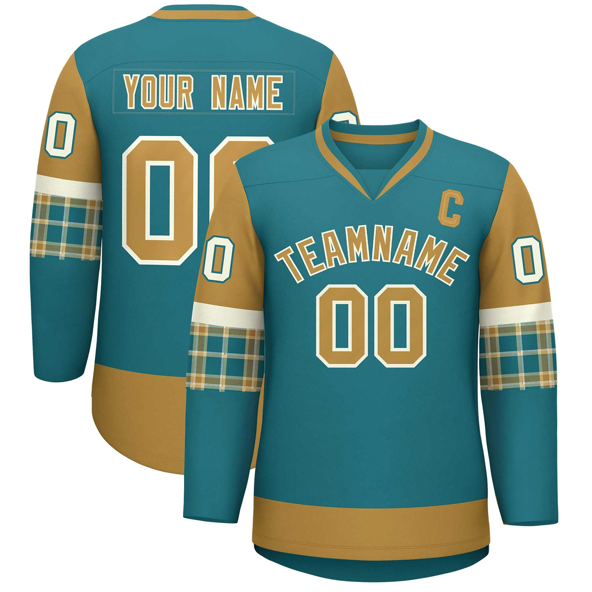 Custom Aqua Old Gold-Cream Personalized Raglan Sleeves V-Neck Hockey Jersey