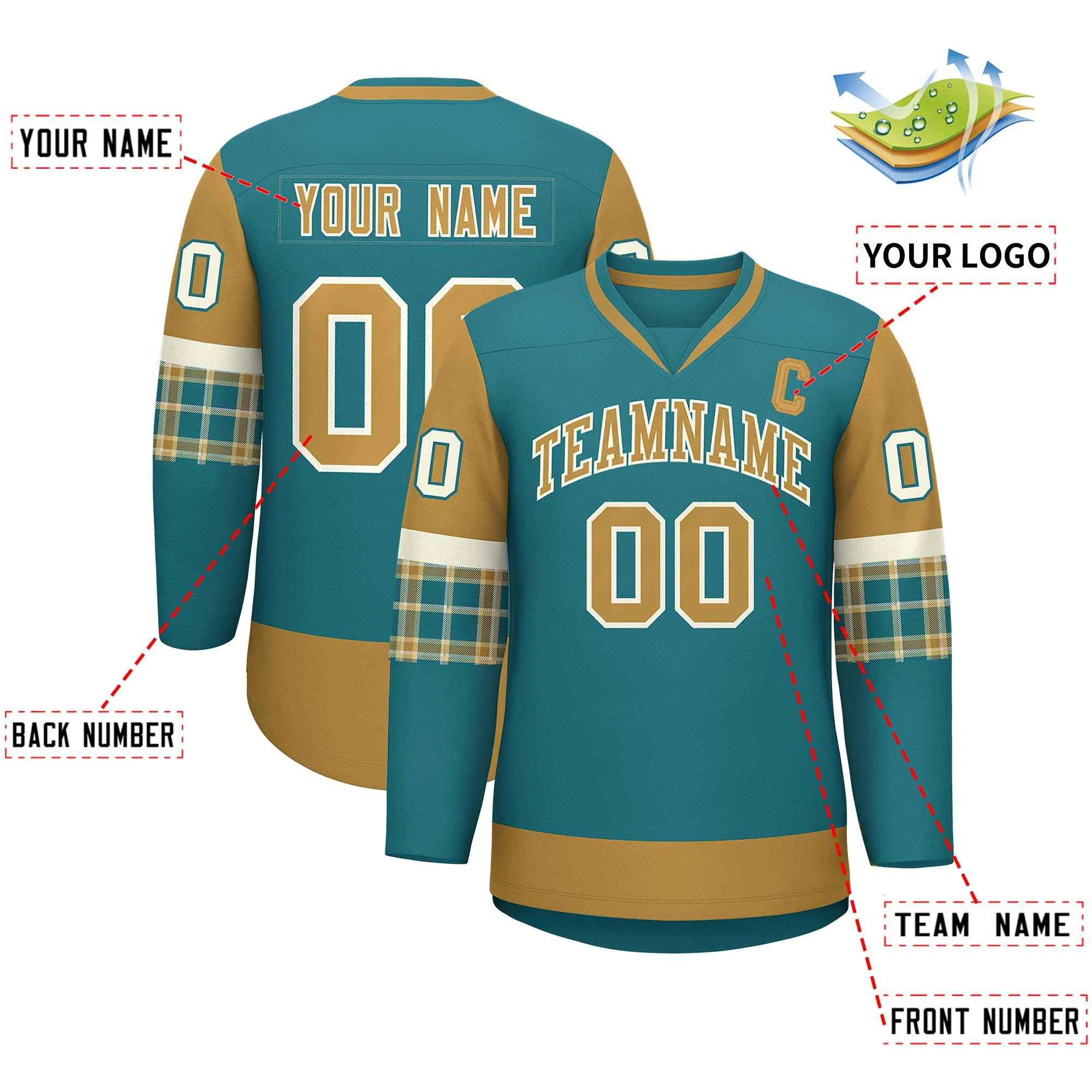 Custom Aqua Old Gold-Cream Personalized Raglan Sleeves V-Neck Hockey Jersey