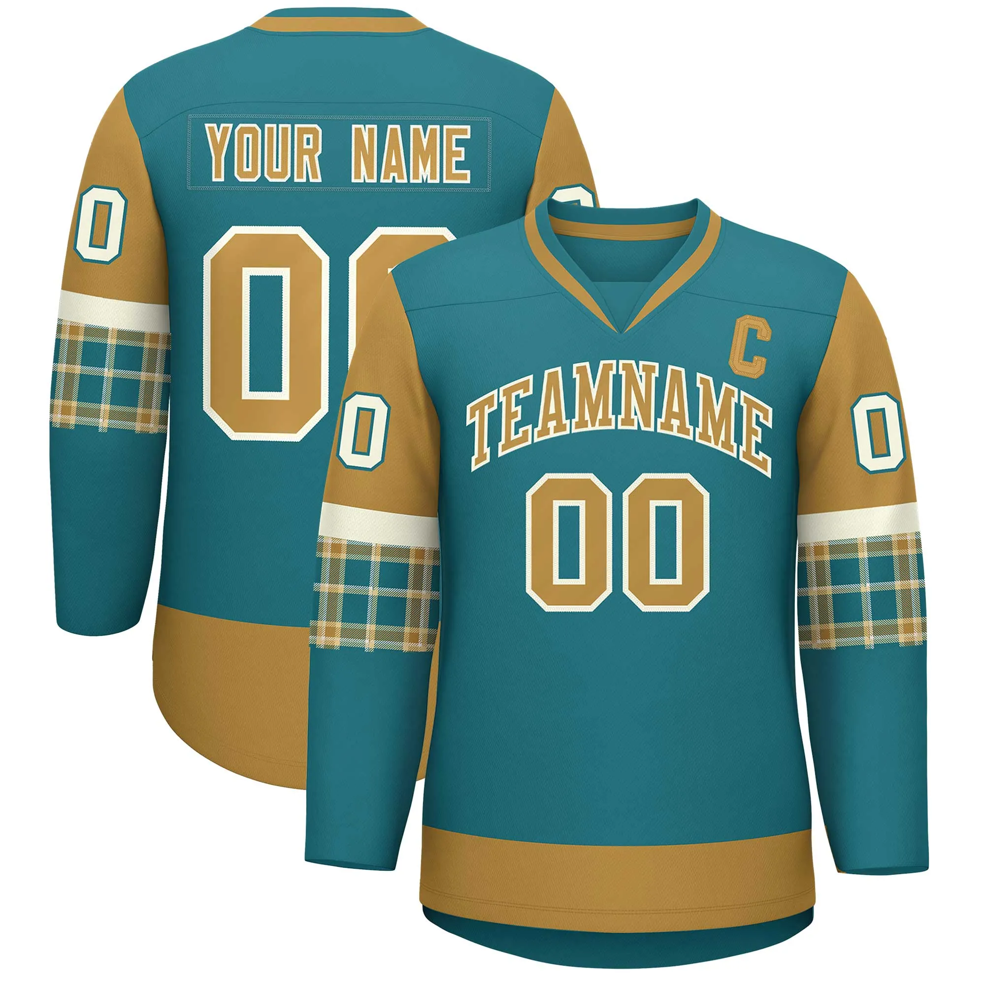 Custom Aqua Old Gold-Cream Personalized Raglan Sleeves V-Neck Hockey Jersey