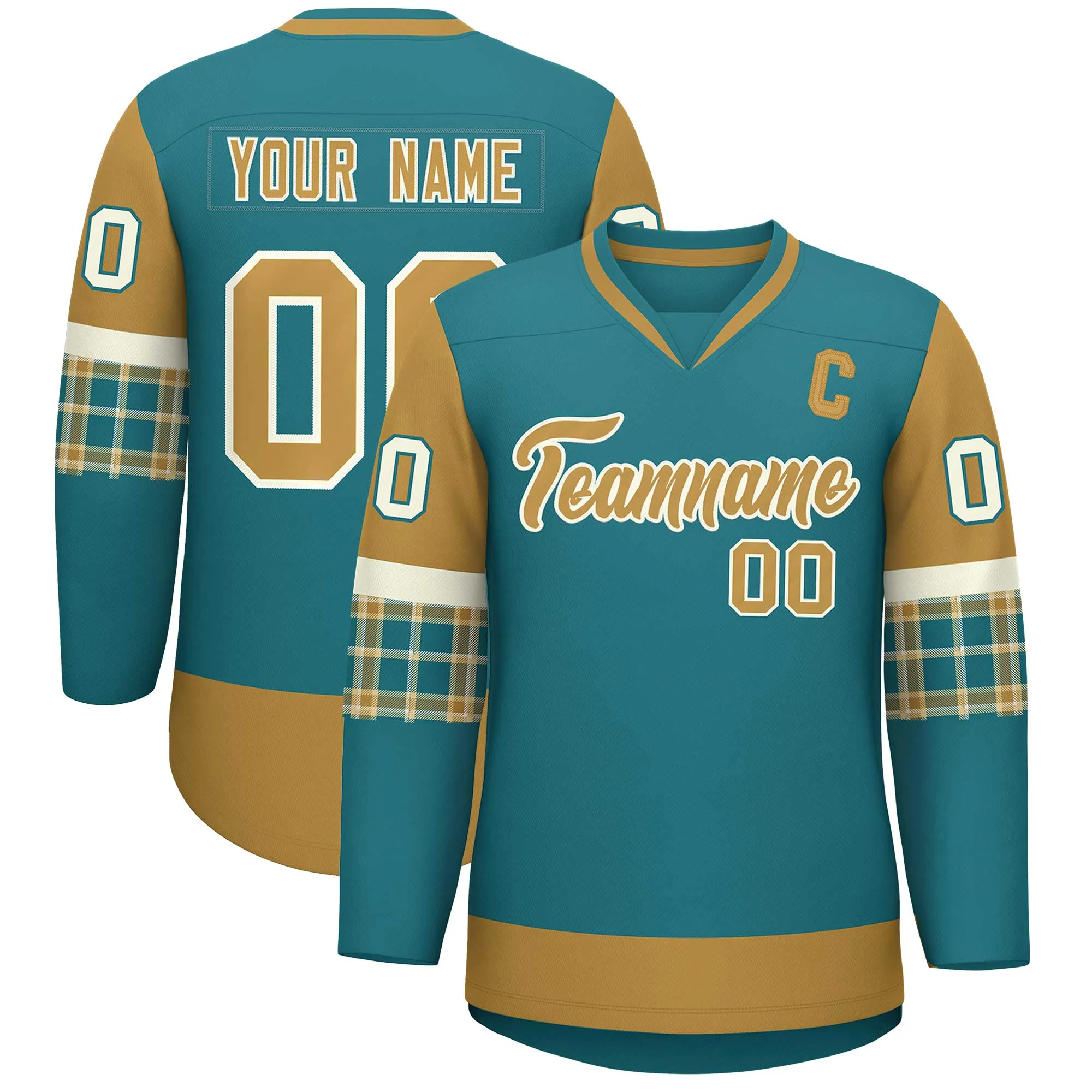 Custom Aqua Old Gold-Cream Personalized Raglan Sleeves V-Neck Hockey Jersey