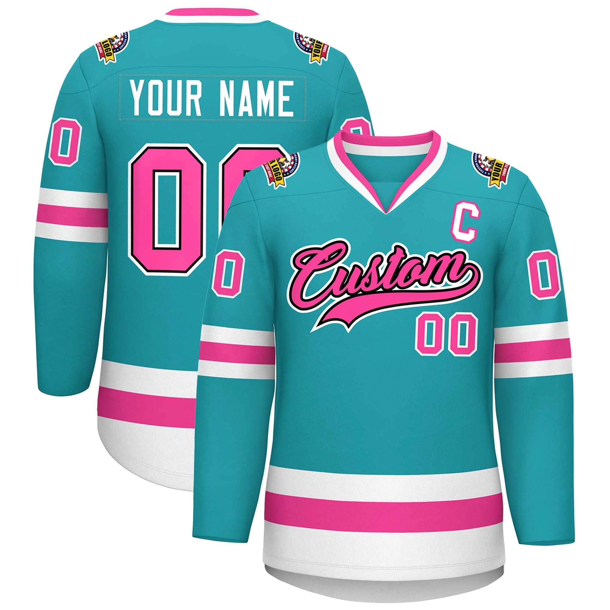 Custom Aqua Pink Navy-White Classic Style Hockey Jersey