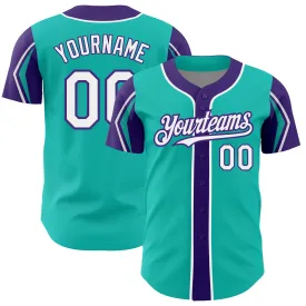 Custom Aqua White-Purple 3 Colors Arm Shapes Authentic Baseball Jersey