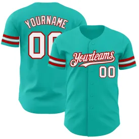 Custom Aqua White-Red Authentic Baseball Jersey