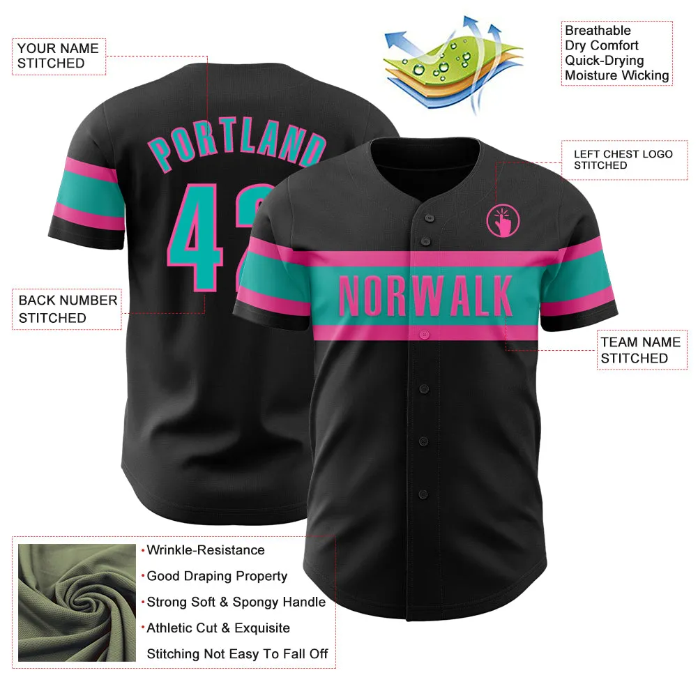 Custom Black Aqua-Pink Authentic Baseball Jersey