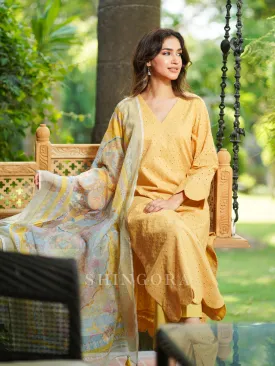 Doria: Yellow Cotton Unstitched Suit with Kota Printed Dupatta