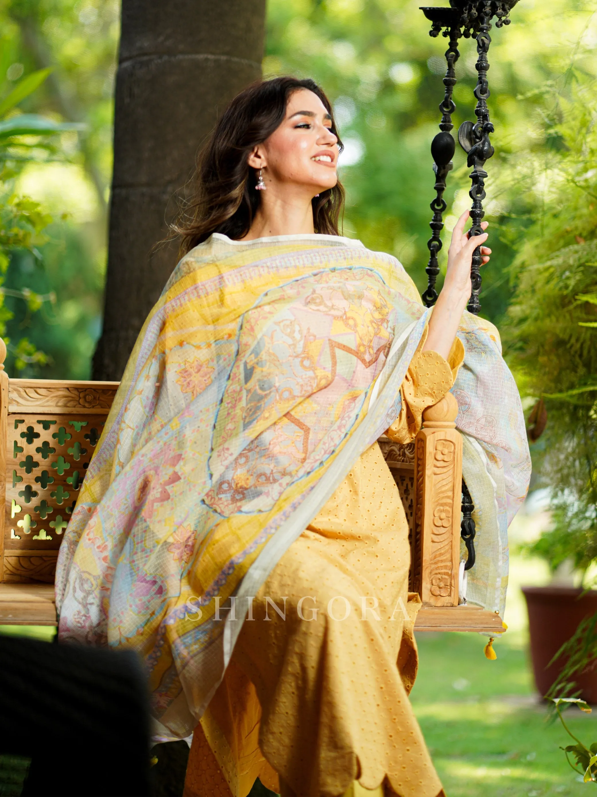 Doria: Yellow Cotton Unstitched Suit with Kota Printed Dupatta