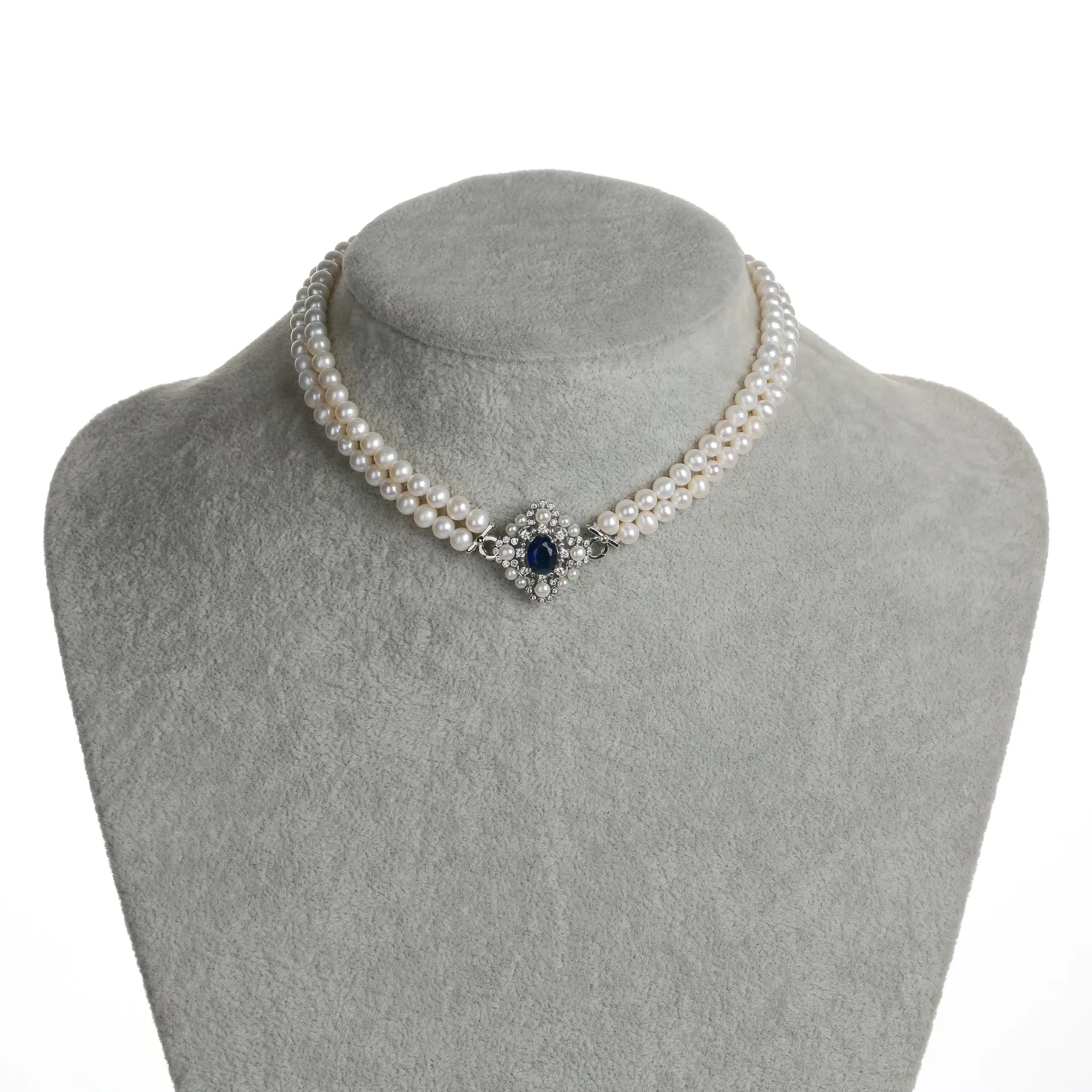 Double Layered Pearl Sapphire Stone Strand Choker Necklace