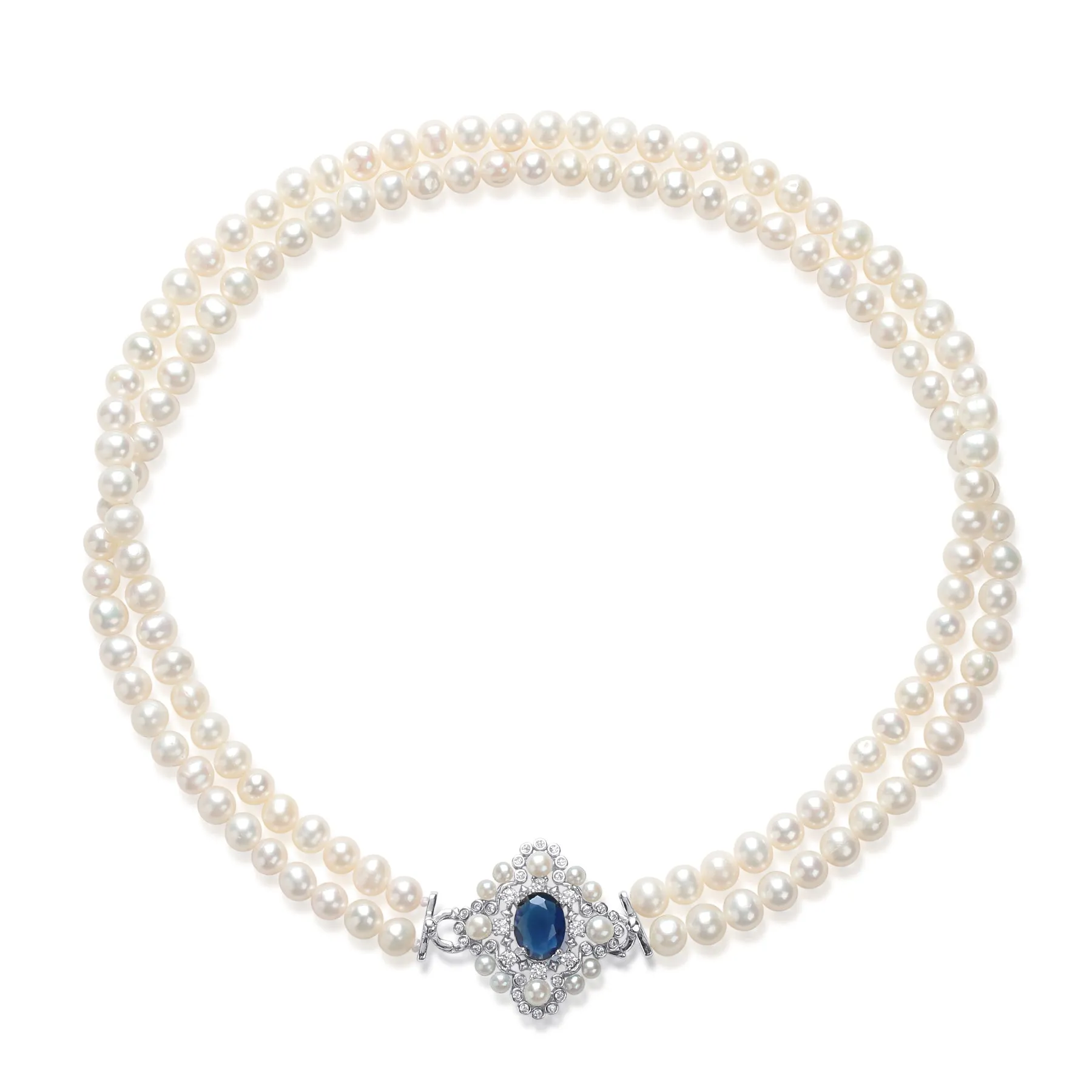 Double Layered Pearl Sapphire Stone Strand Choker Necklace