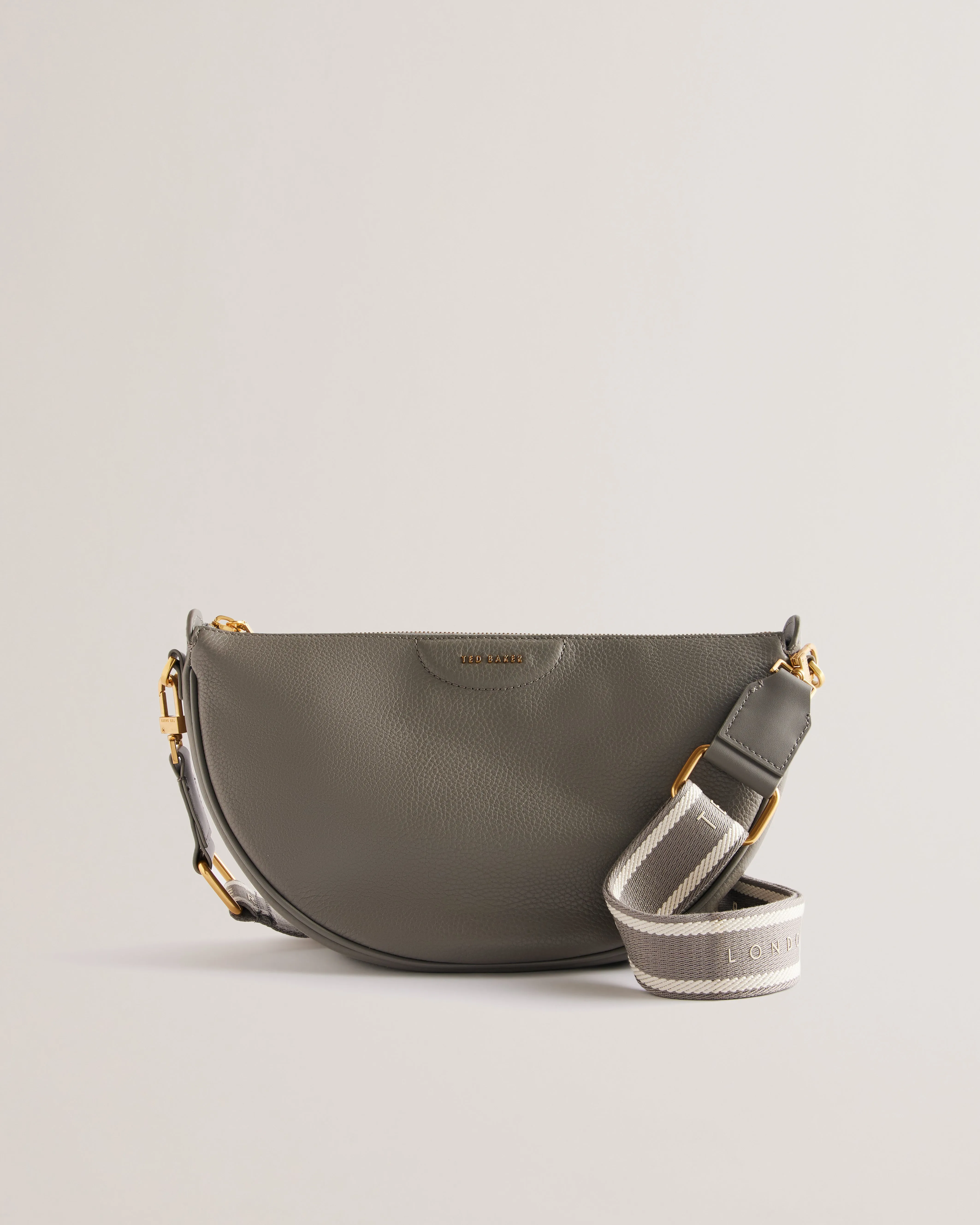 Essina Webbing Leather Half Moon Crossbody Bag Mid-Grey