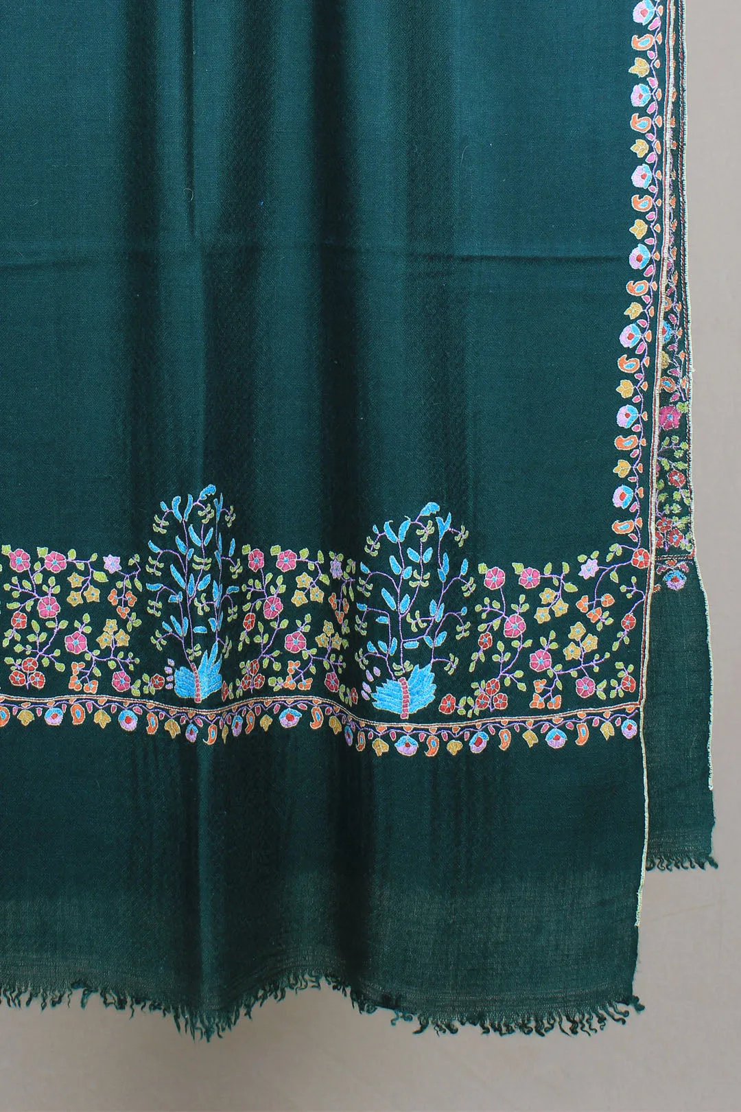 Farah Pine Green Paldar Sozni Embroidered Pashmina Stole