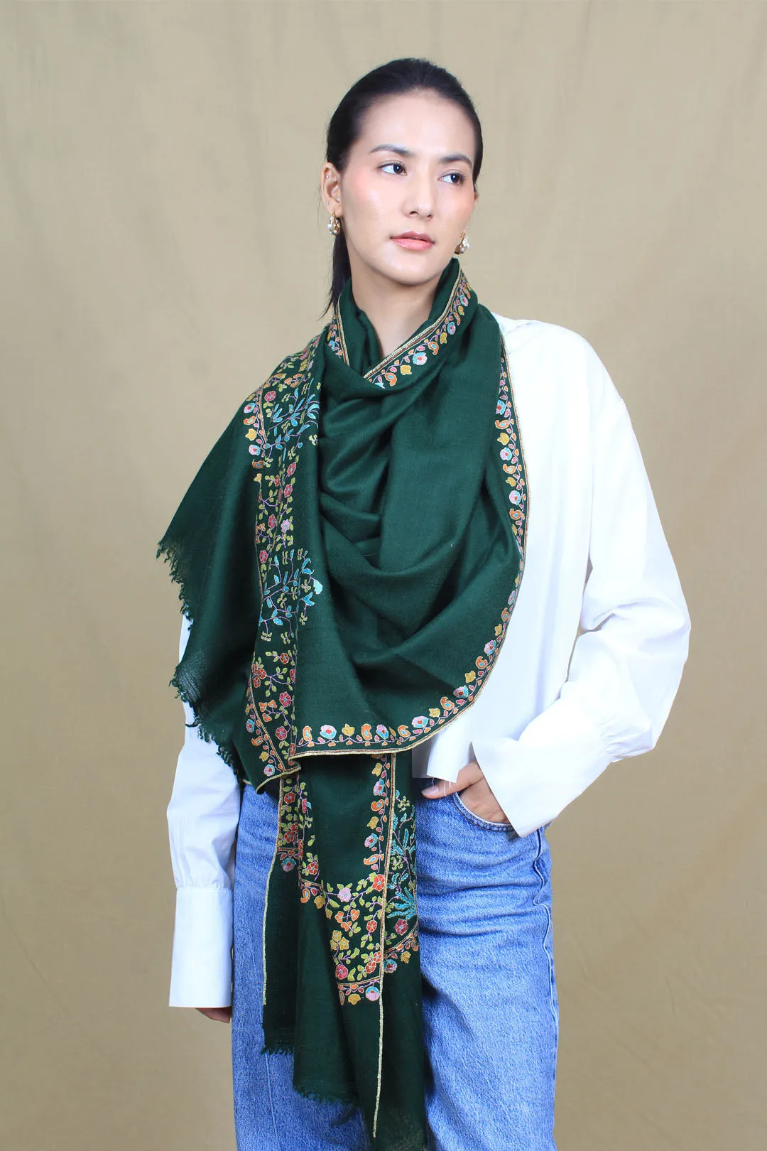 Farah Pine Green Paldar Sozni Embroidered Pashmina Stole