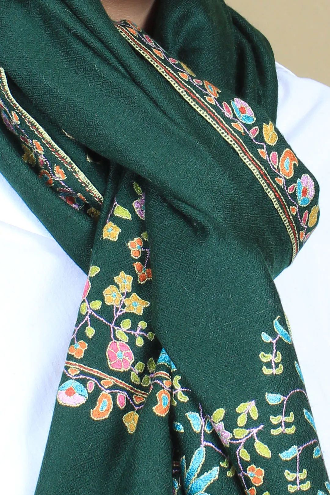 Farah Pine Green Paldar Sozni Embroidered Pashmina Stole