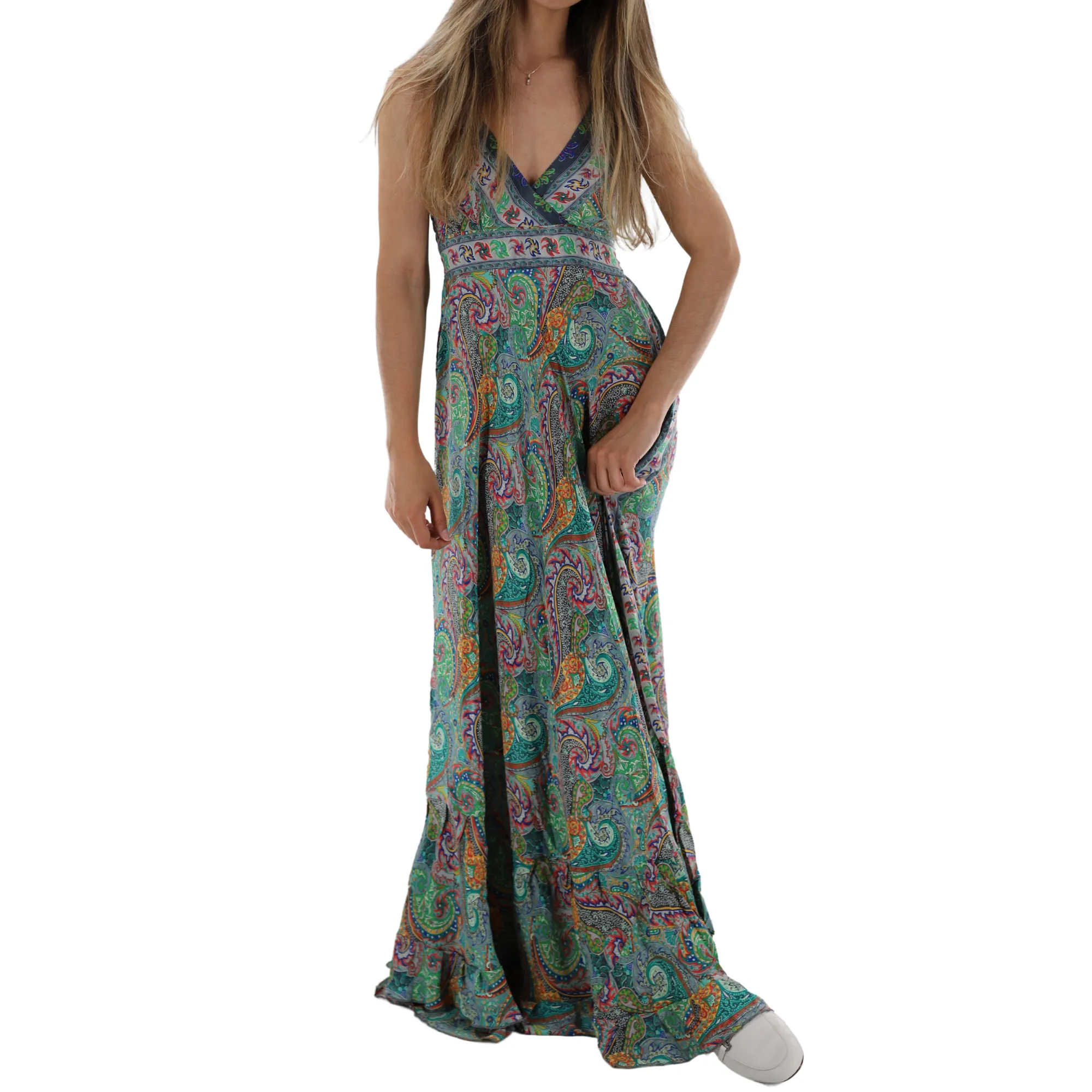 Flowy Long V Neck Line 'Elena' Maxi Dress