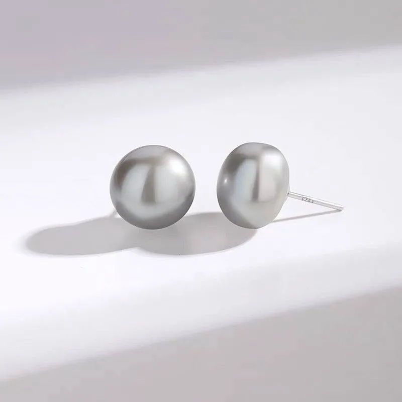 Grey Button Freshwater Pearl Stud Earrings