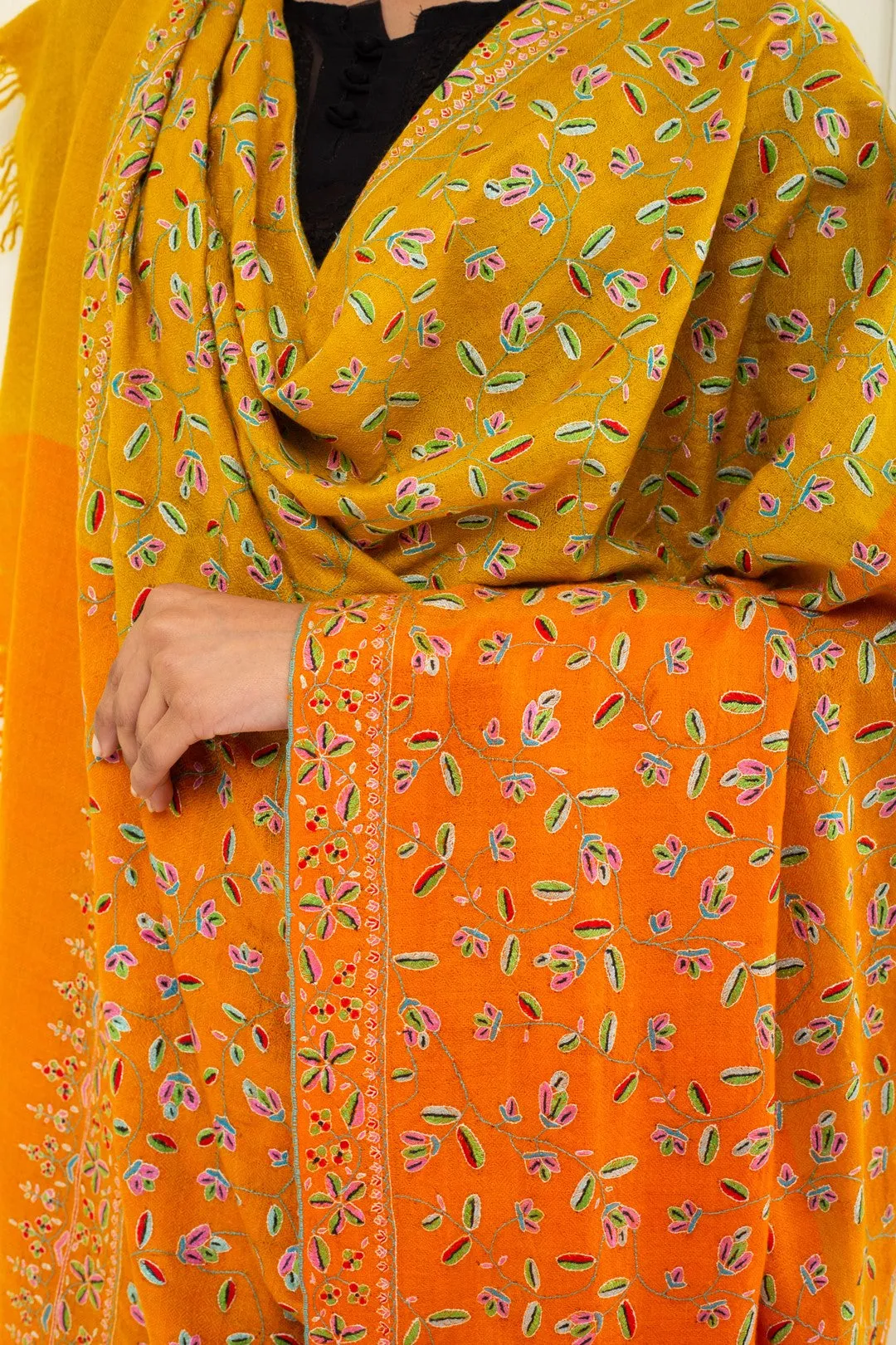 Gul-e-Benafsha Orange Intricate Sozni Jaali Pashmina Shawl