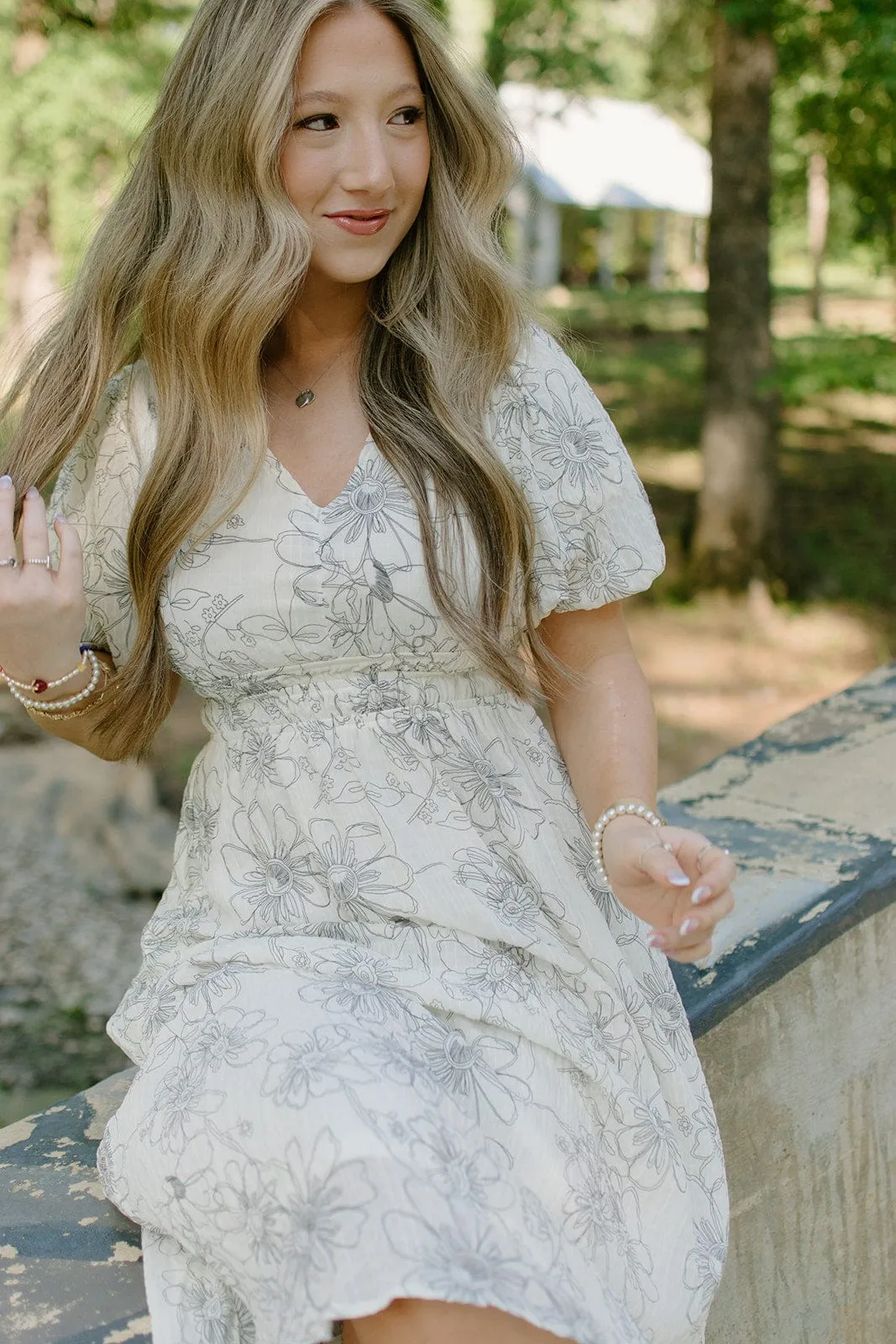 Ivory & Black Floral Midi Dress