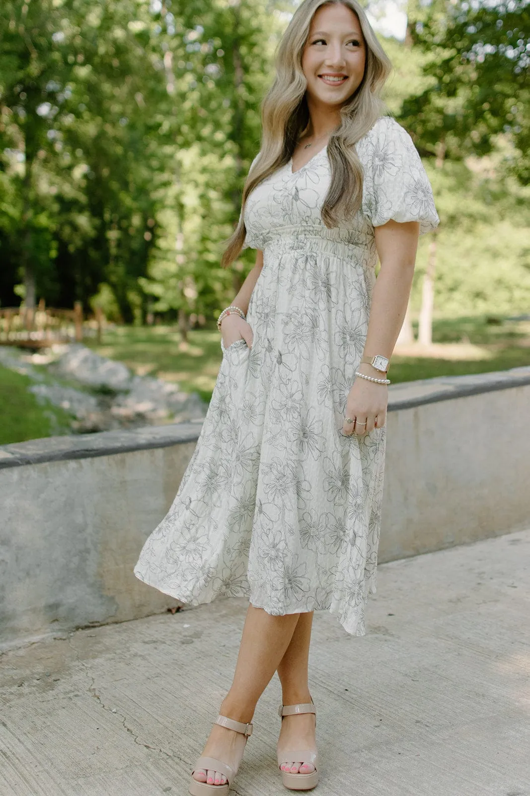 Ivory & Black Floral Midi Dress