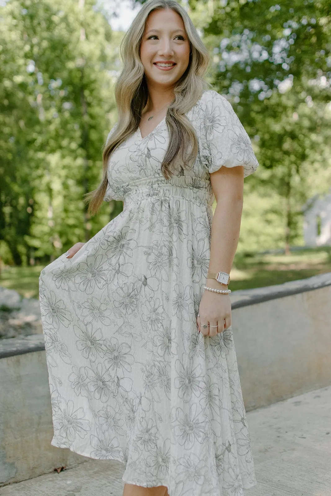 Ivory & Black Floral Midi Dress