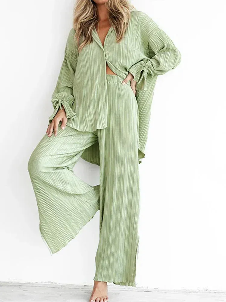 LVSANW 2024 Women Pleated 2 Piece Sets Long Sleeve Blouse Tops And Split Wide Leg Pant Suit Female Fashion Casual Loose Homewear Outfit