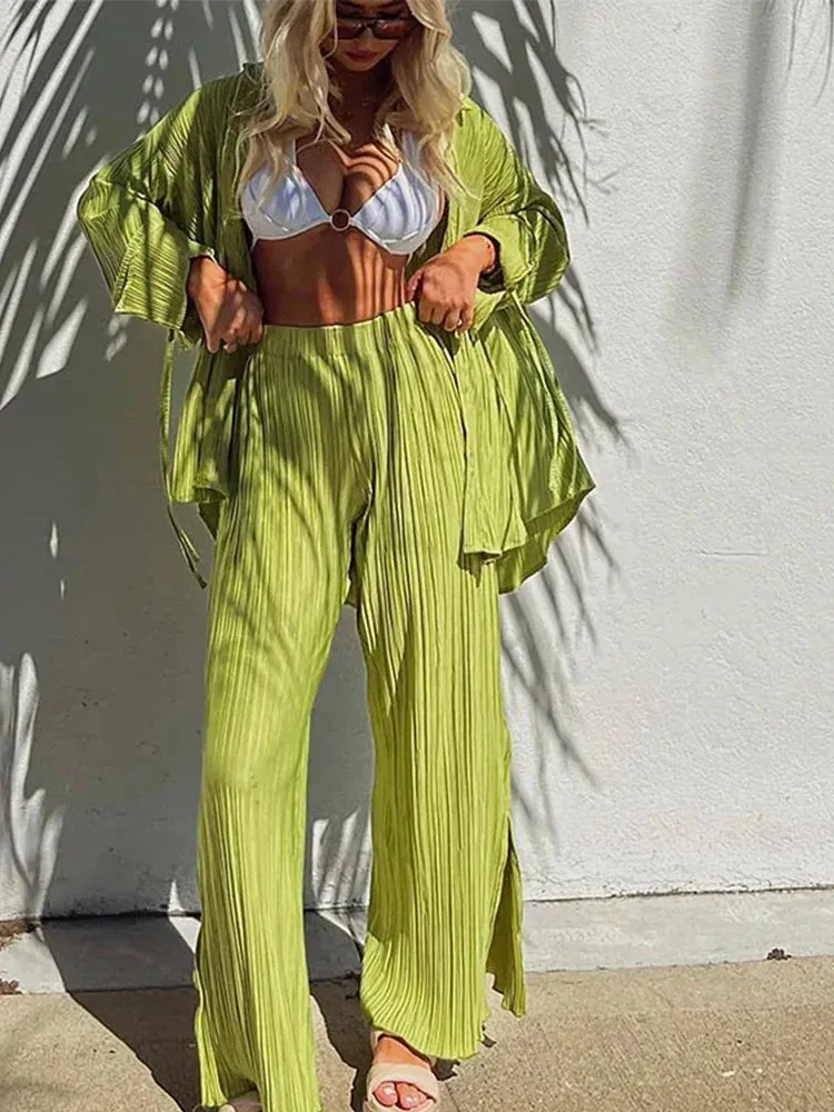 LVSANW 2024 Women Pleated 2 Piece Sets Long Sleeve Blouse Tops And Split Wide Leg Pant Suit Female Fashion Casual Loose Homewear Outfit