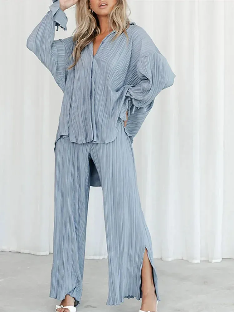 LVSANW 2024 Women Pleated 2 Piece Sets Long Sleeve Blouse Tops And Split Wide Leg Pant Suit Female Fashion Casual Loose Homewear Outfit