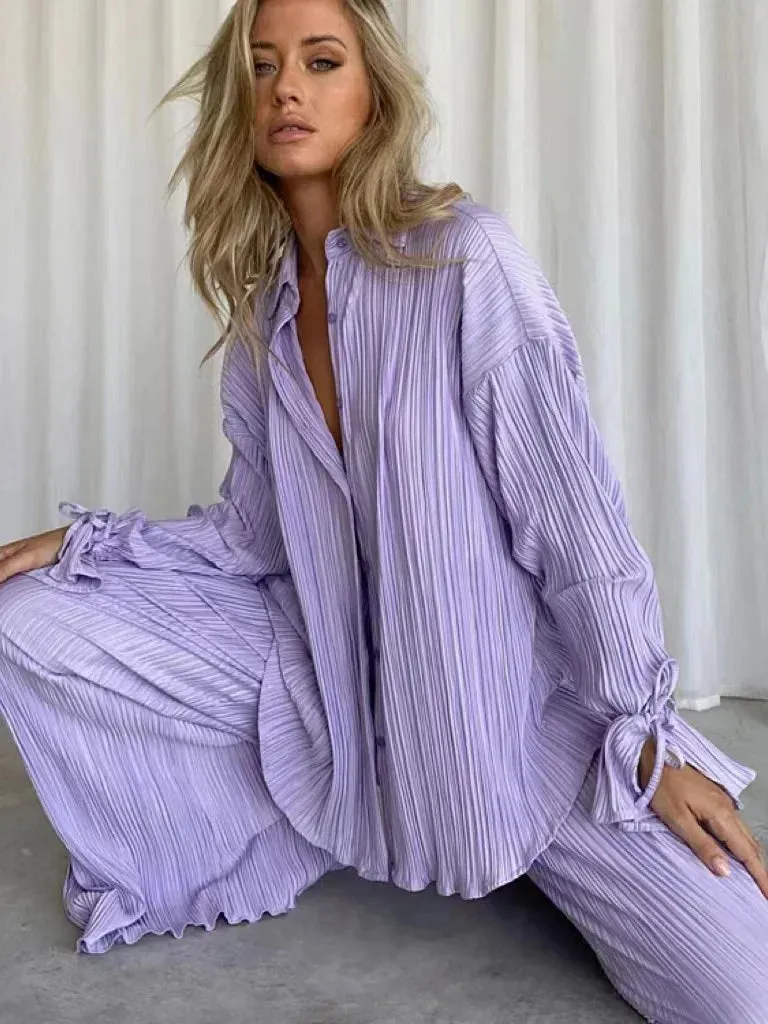 LVSANW 2024 Women Pleated 2 Piece Sets Long Sleeve Blouse Tops And Split Wide Leg Pant Suit Female Fashion Casual Loose Homewear Outfit