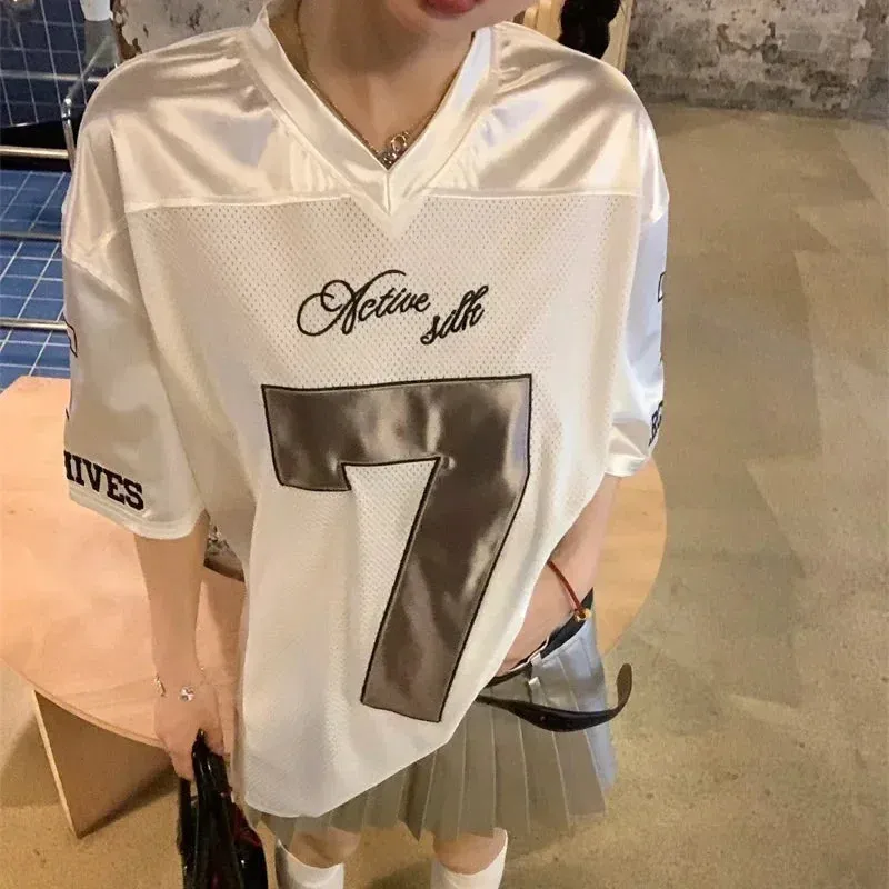 LVSANW American Fashion Sports Oversized T-shirts Sexy Women Y2K Graphic Short Sleeve Tops Silvery Quick Drying Casual Basketball TeeS