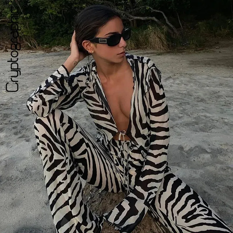 LVSANW Cryptographic Animal Print Mesh Sheer Stripe Tie Front Detail Top Matching Sets Fashion Outfits 2 Piece Sets Holiday Beachwear