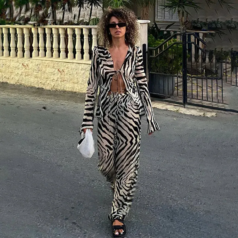 LVSANW Cryptographic Animal Print Mesh Sheer Stripe Tie Front Detail Top Matching Sets Fashion Outfits 2 Piece Sets Holiday Beachwear