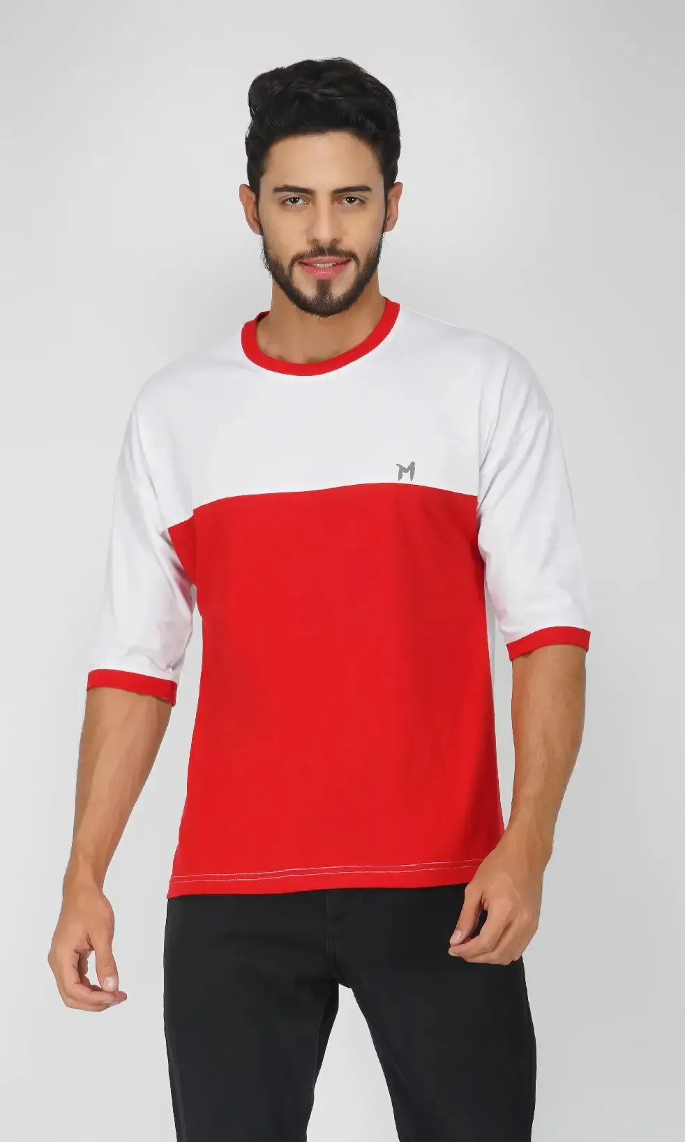 Mebadass Men's ColorBlocked OverSized Cotton T-shirts - White & Red