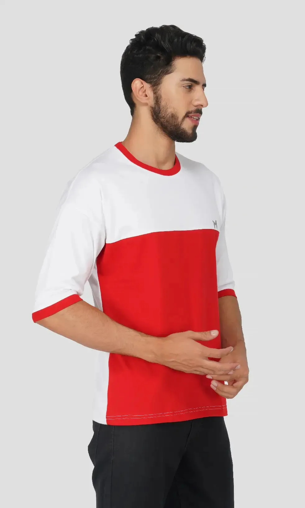 Mebadass Men's ColorBlocked OverSized Cotton T-shirts - White & Red