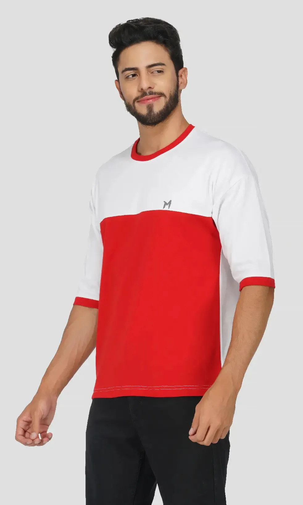 Mebadass Men's ColorBlocked OverSized Cotton T-shirts - White & Red