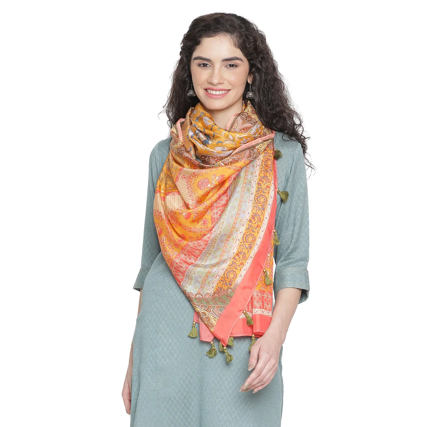 Mustard Silk Printed Stole