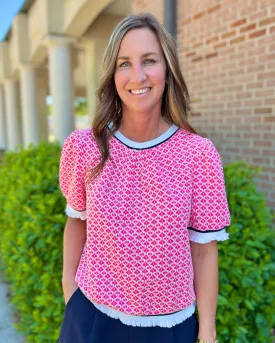 Pretty In Pink Bubble Sleeve Printed Knit Top