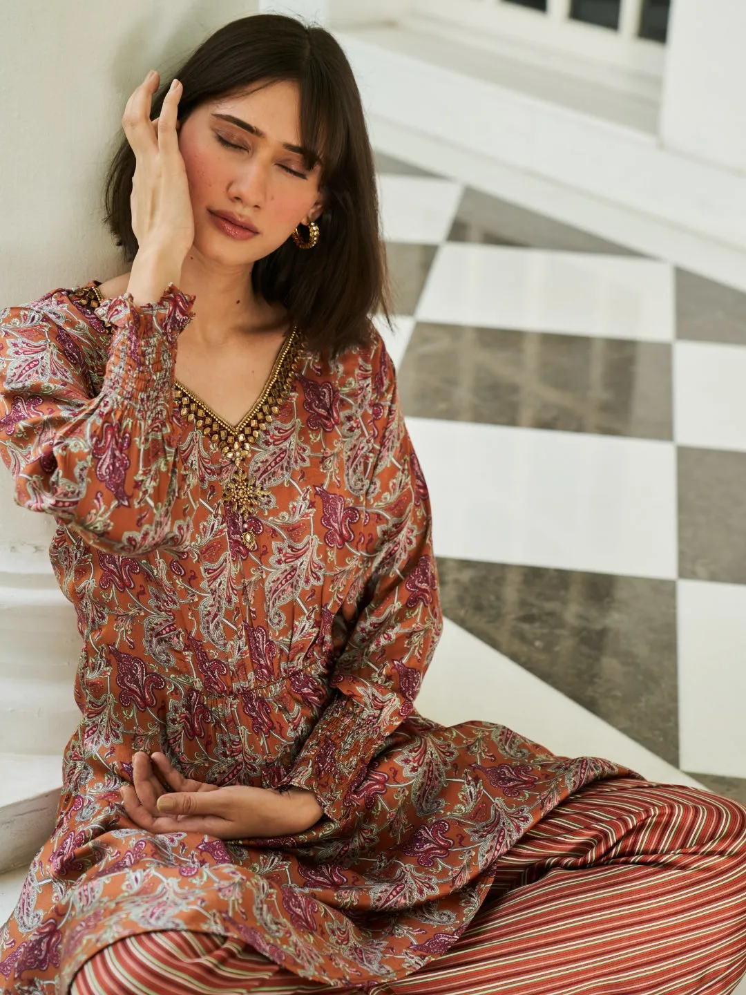 RUST DIGITAL PRINTED VISCOSE SATIN WITH HAND EMBROIDERY KURTA SET