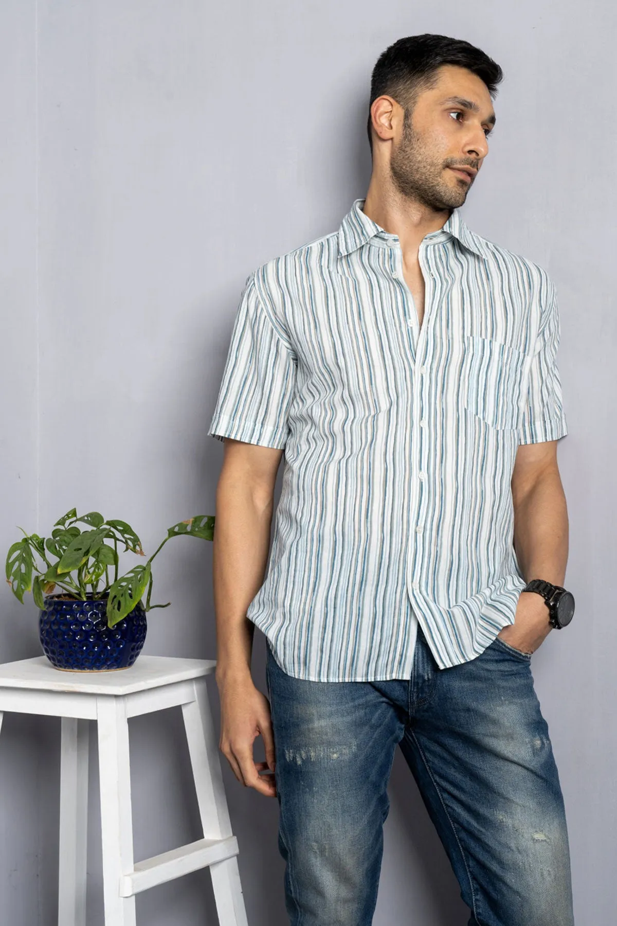 White Shirt with Blue Lines Print, Half Sleeves Cotton | Style Matters