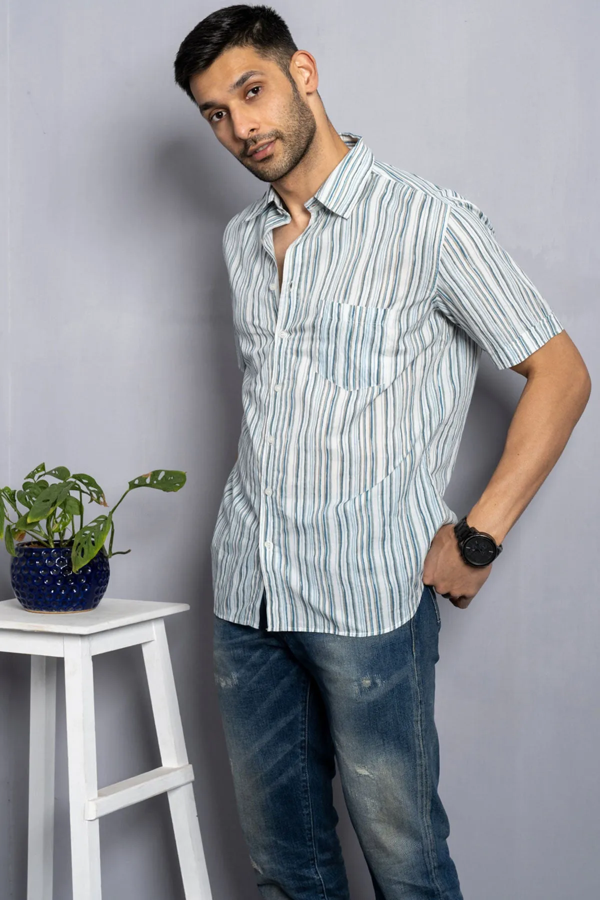 White Shirt with Blue Lines Print, Half Sleeves Cotton | Style Matters