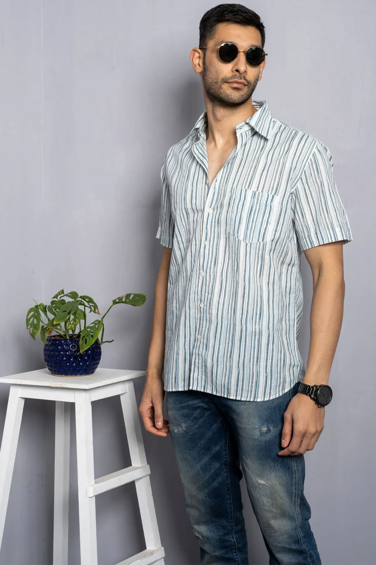 White Shirt with Blue Lines Print, Half Sleeves Cotton | Style Matters