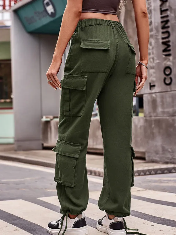 Women's Loose Fit Bottom Drawstring Cargo Trousers With Pockets