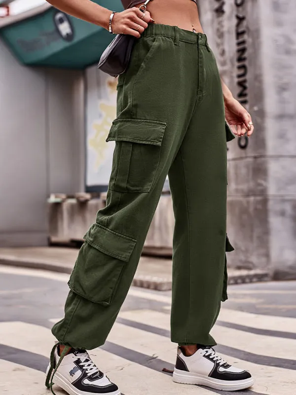 Women's Loose Fit Bottom Drawstring Cargo Trousers With Pockets