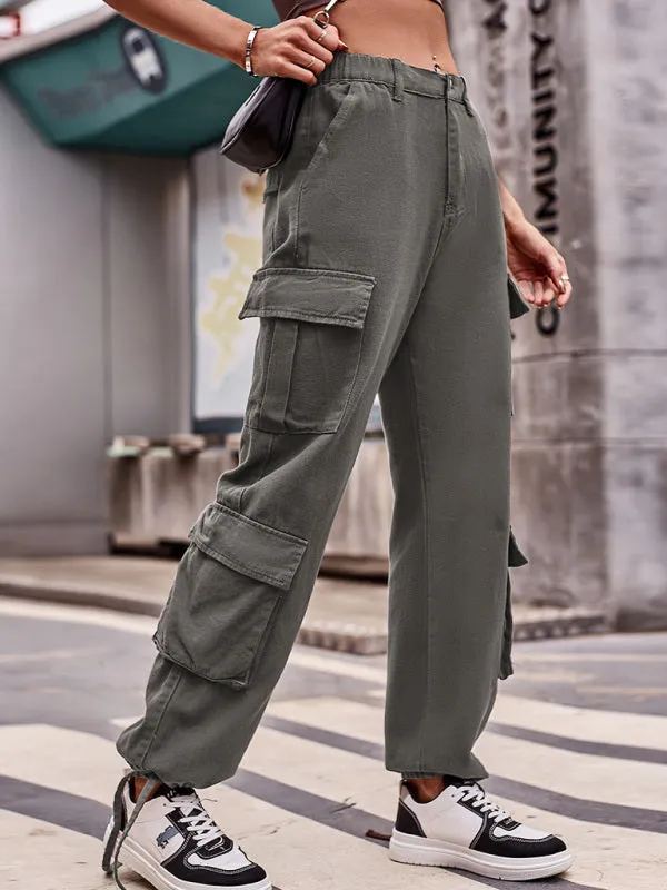 Women's Loose Fit Bottom Drawstring Cargo Trousers With Pockets